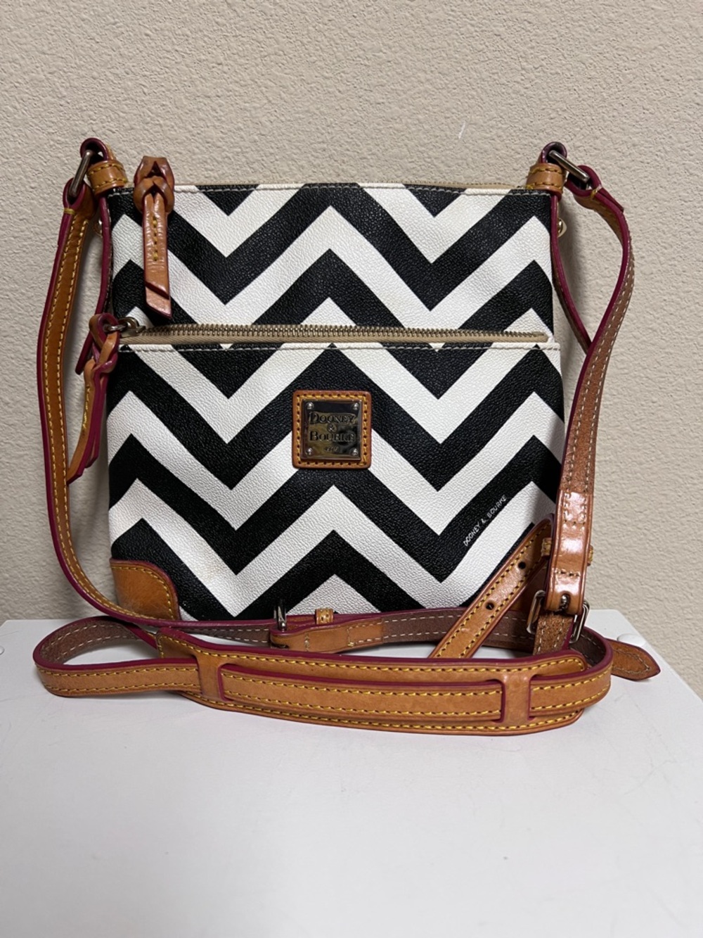 Dooney & Bourke Black and White Chevron Crossbody Bag with Tan Trim